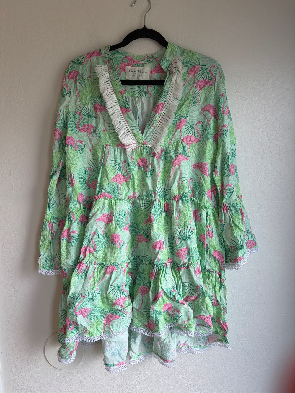 Kenny Flowers Women's Tunic Dress Flowy Green Flamingo Beach Coastal Size Small